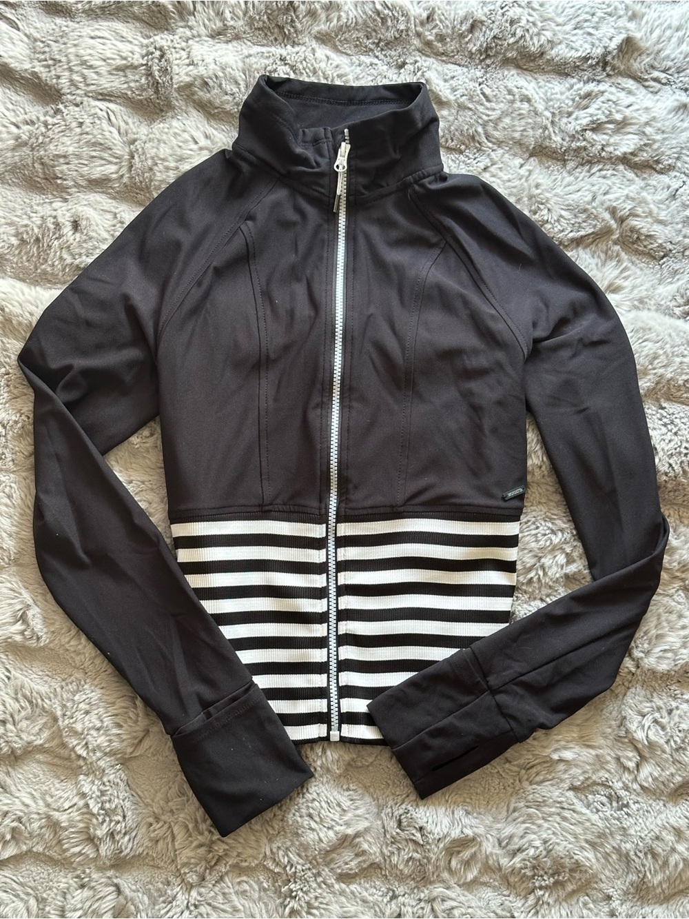 Mondetta Black Zip-Up Bomber Jacket with Black & White Striped Hem